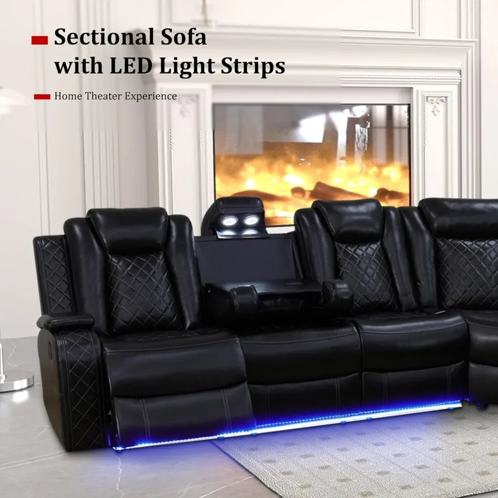 recliner，Leather Power Recliner Sectional Sofa with LED, Power Reclining Sectional Couch, Breathing Leather Sofa Couch