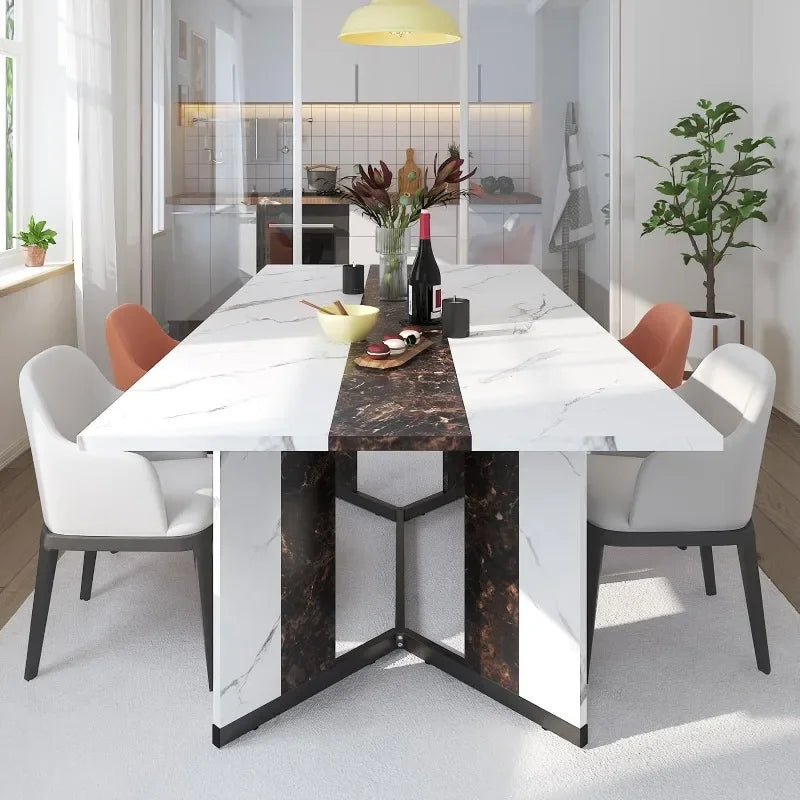 71" Large Luxurious Rectangular White Dining Table for 6 8 10 People W/Marble-Color Wood Tabletop,Metal Adjustable Leg