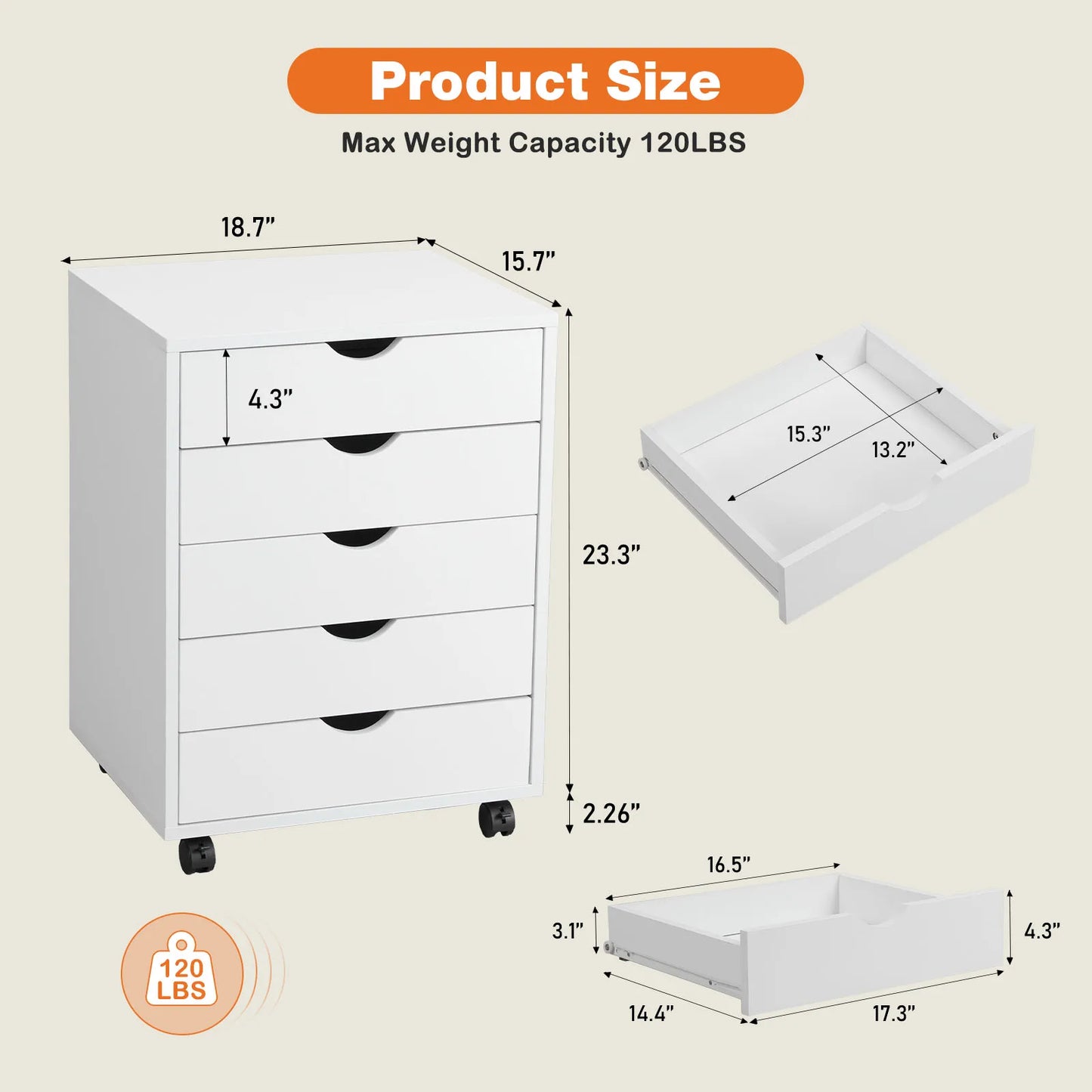 JHK Armoire de chevet en bois à 5 tiroirs avec roulettes rotatives à 360° et 5 tiroirs, facile à déplacer, rangement en surface, classeur étanche