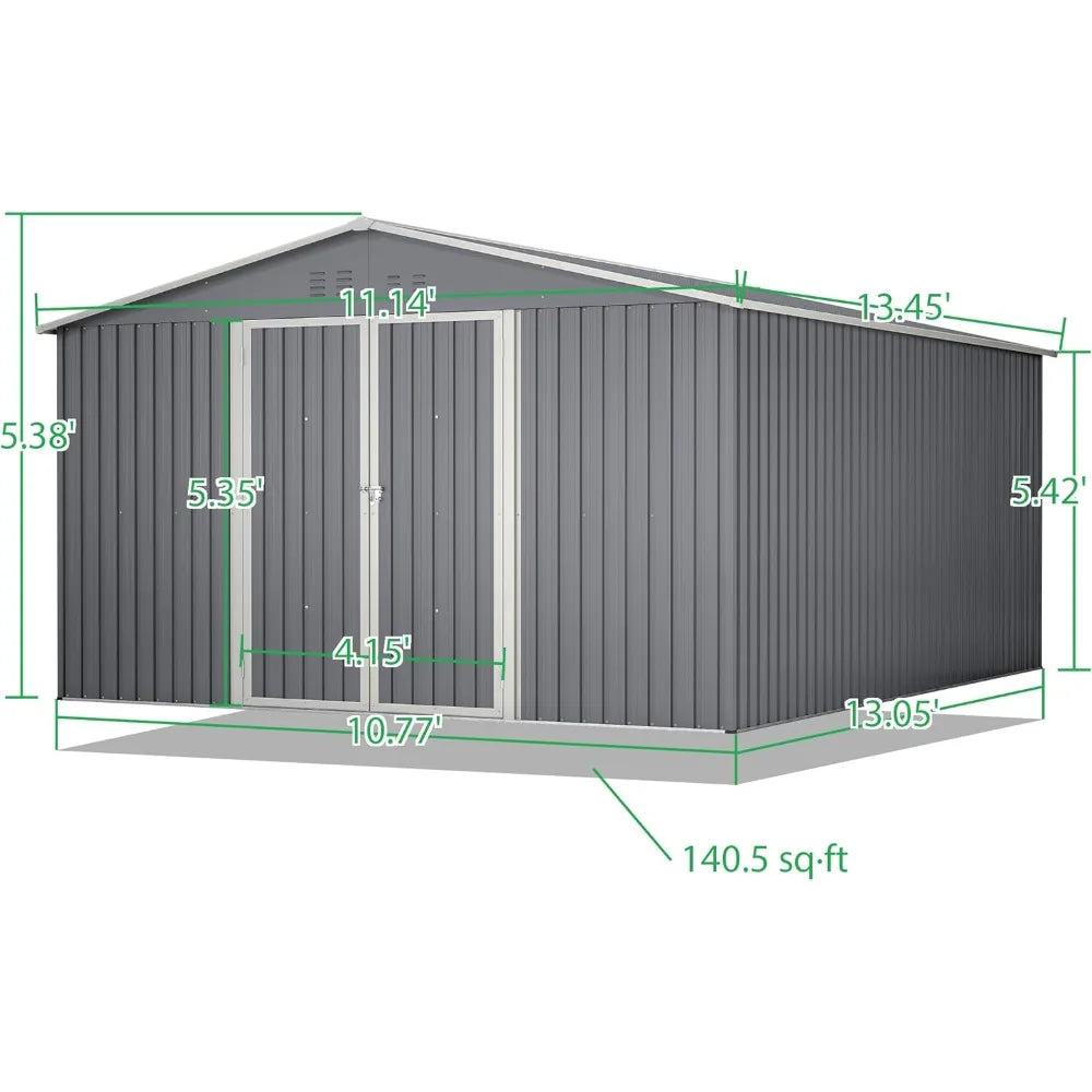 11' x 13' Outdoor Metal Storage Shed with Floor Frame Base, Galvanized Steel Garden Shed with 4 Vents