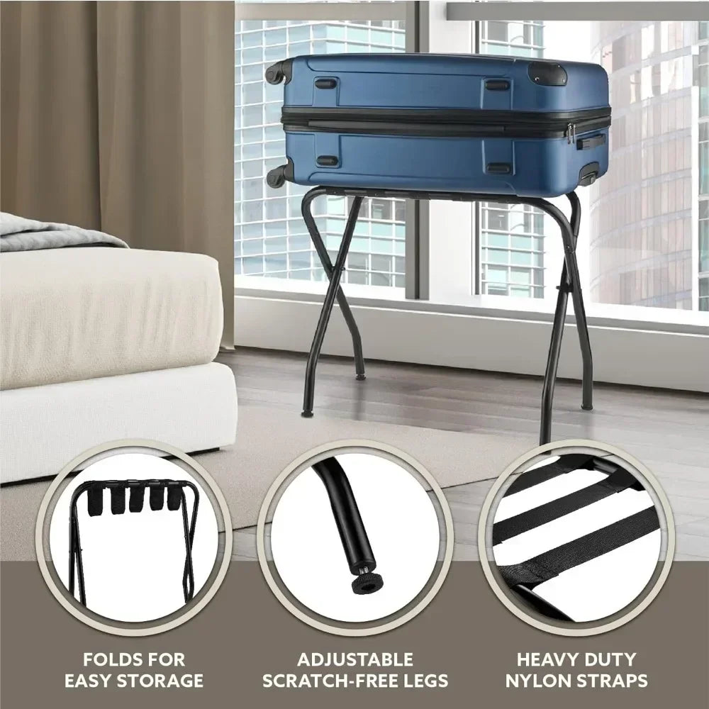 2-Pack Folding Luggage Rack Collapsible Metal Suitcase Stand with Durable Black Nylon Straps- for Bedroom, Guest Room, or Hotel