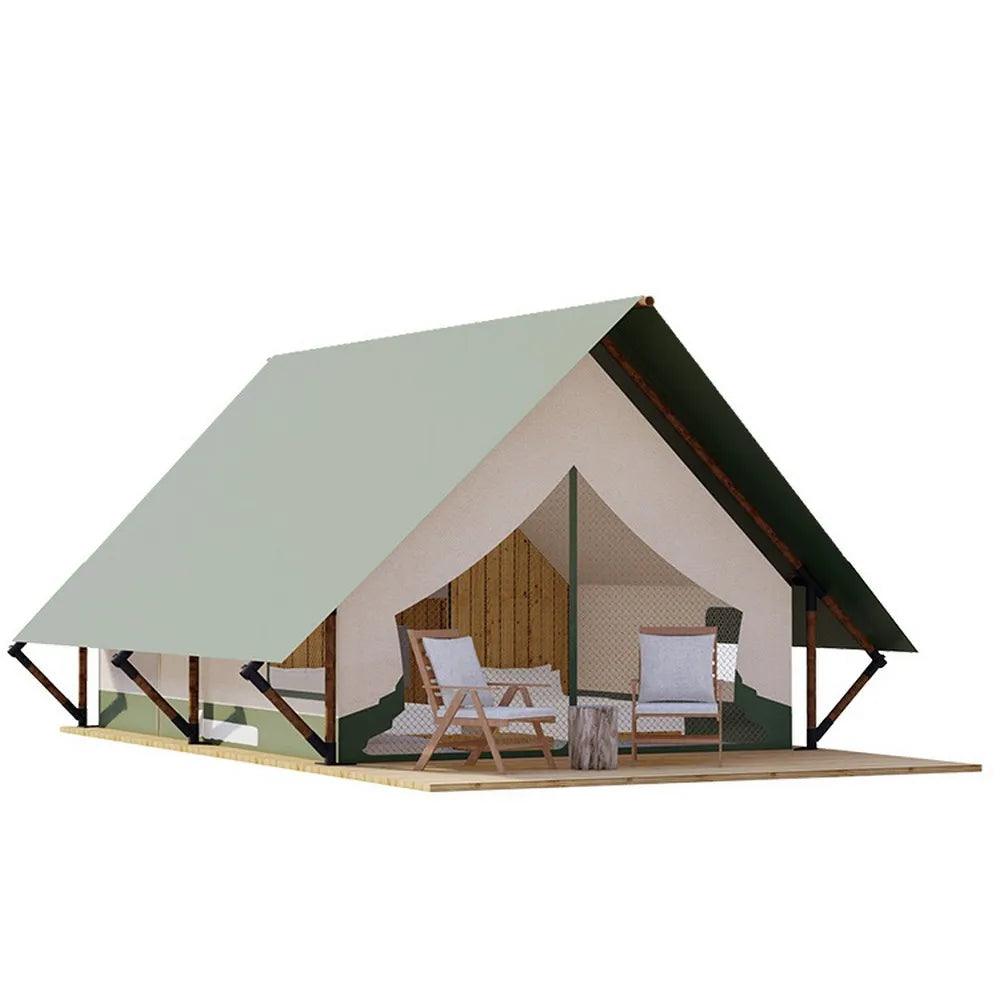 Tente de chasse sûre et robuste en tissu Oxford 900D Tente d'hôtel Safari en bois Glamping Four Seasons Cabin Petites tentes Safari Fournisseurs chinois