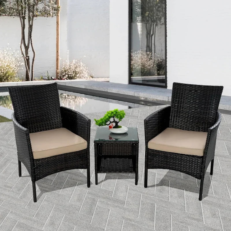 QJRBIAO Conversation Furniture 3-Piece Set PE Rattan Wicker Chair with Table Suitable for Patio, Poolside, Lawn and Other