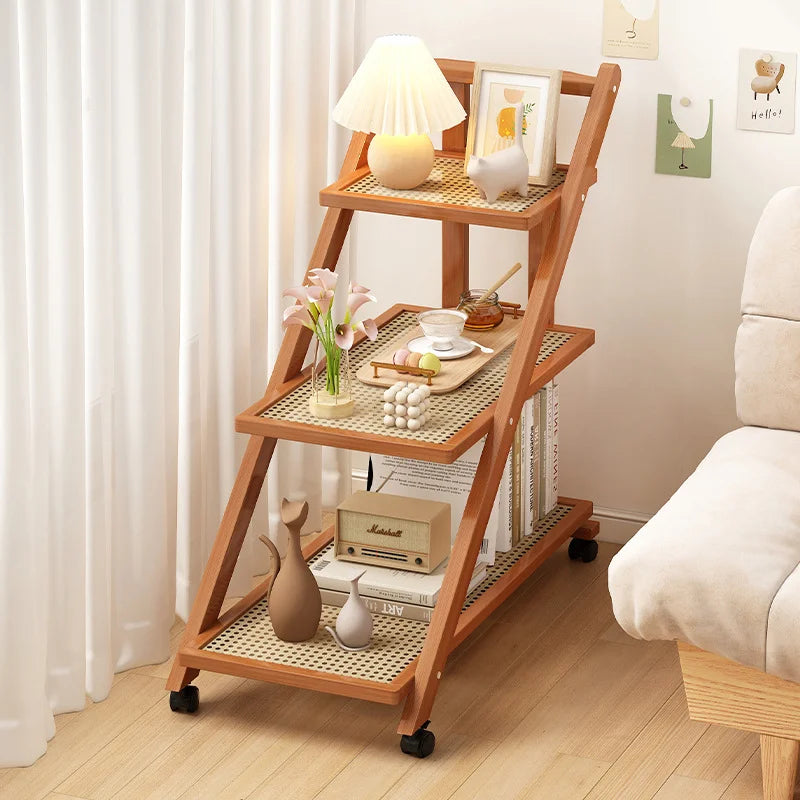 Removable Small Side Table 3-tier Bamboo Trolley with Wheels Shelves for Kitchen Bedroom and Living Room, Coffee Table Furniture