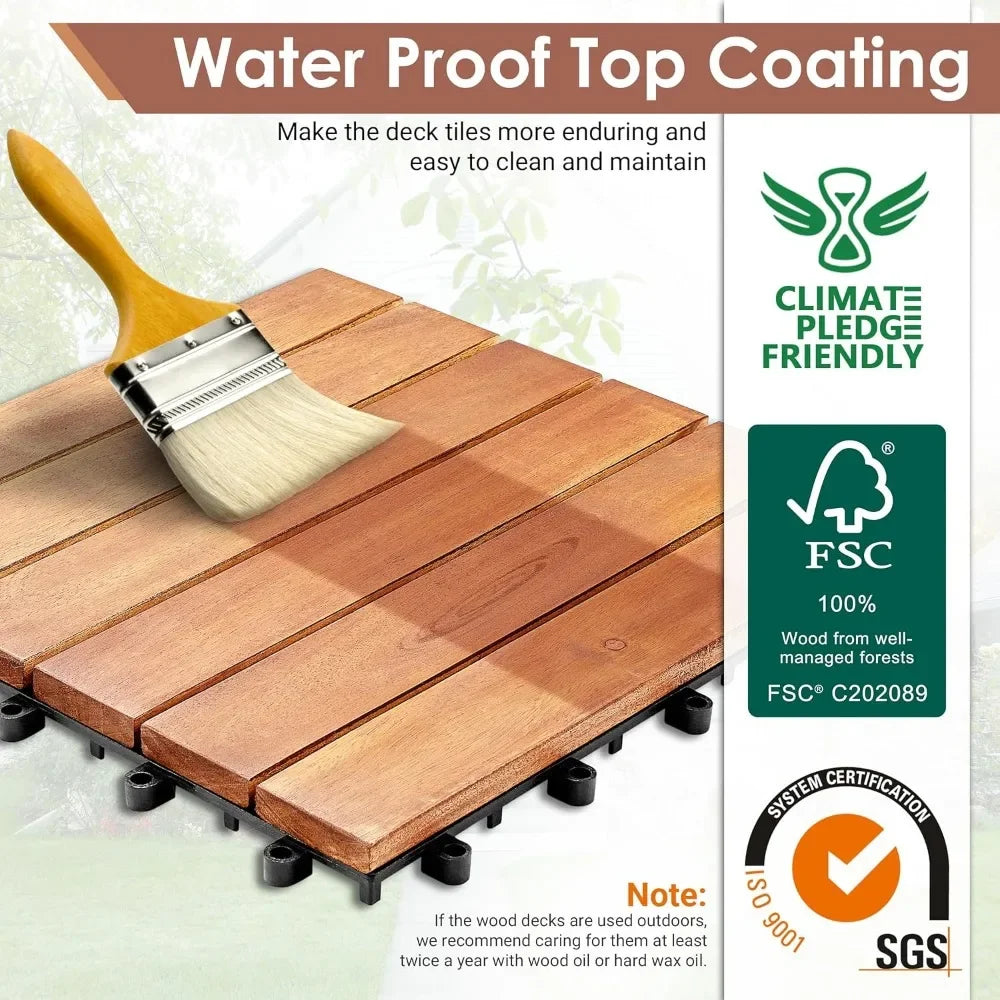 Certified Acacia Wood Interlocking Patio Deck Tiles -  Indoor Outdoor Waterproof Flooring Tiles