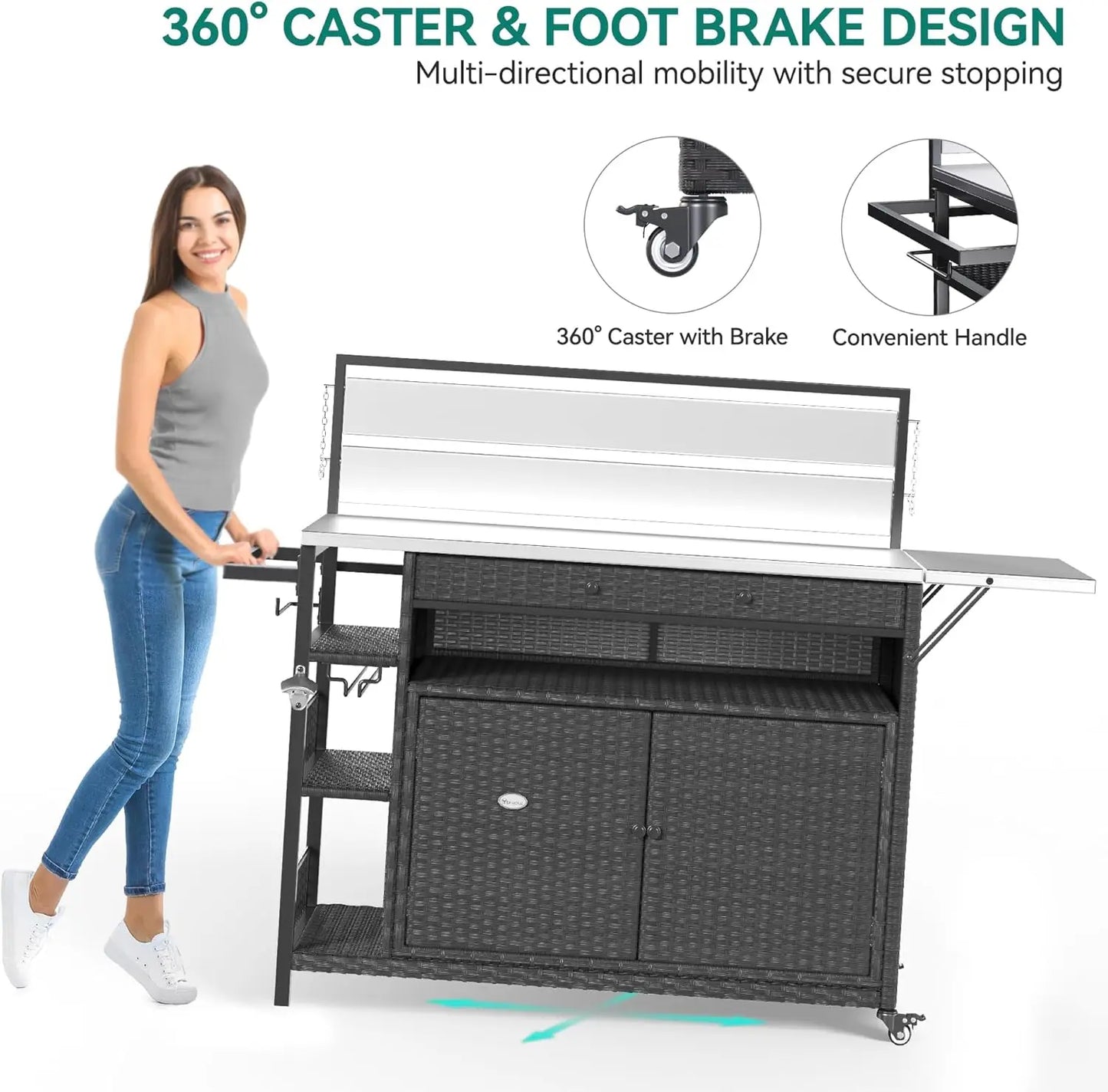 Isla de mimbre con carrito rodante y gabinete de almacenamiento para cocina al aire libre XL, con ruedas y tablero de mesa extensible de acero inoxidable