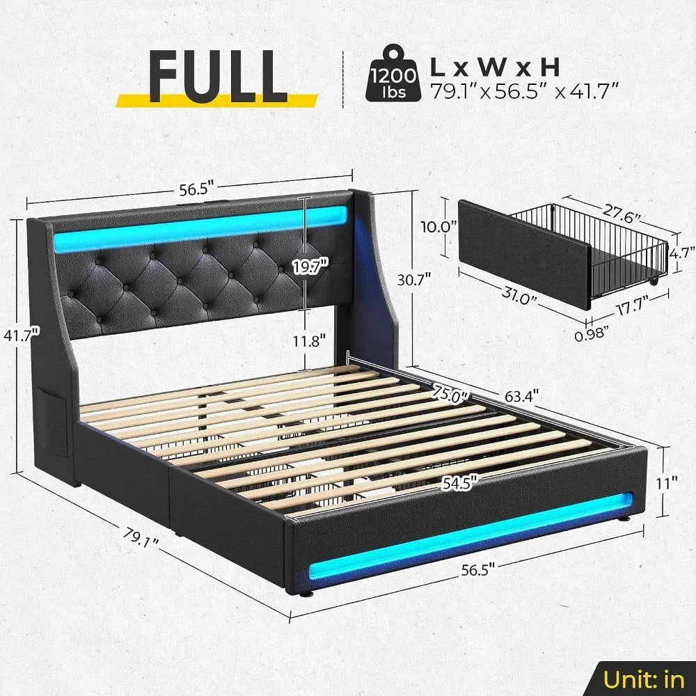 Twin bed frame with LED lights and charging station, upholstered bed with drawers, wooden planks, noiseless and easy to assemble