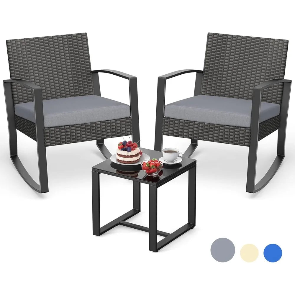 Juego de muebles de patio de 3 piezas, juego de muebles de mimbre para exteriores, juego de mecedoras de ratán modernas con mesa de café para patio, balcón