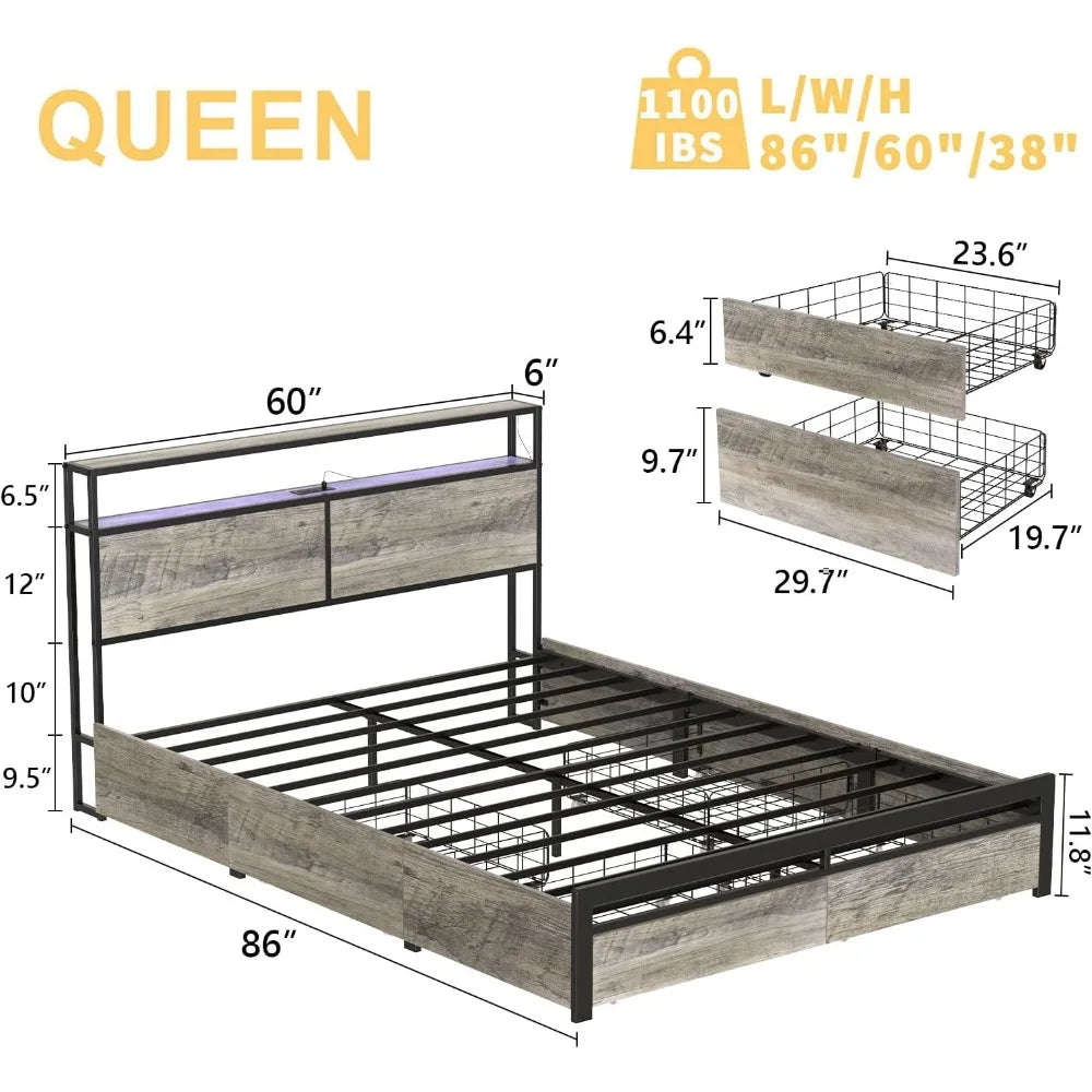 Bed Frame with Storage Headboard and 4 Drawers LED Lights Metal Platform Non-Slip Without Noise Mattress FoundationLM