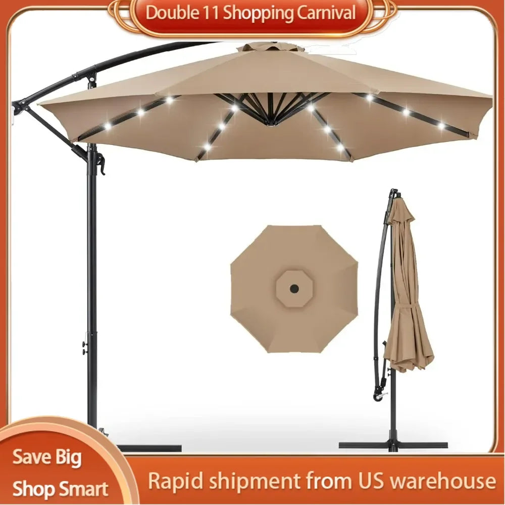 Parasol d'extérieur pour la plage 10 pieds LED solaire décalé suspendu Marché Patio Parasol pour arrière-cour Polyester Ombre Bord de piscine