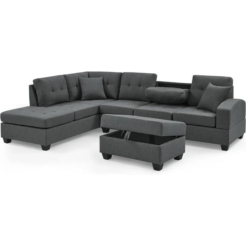 sofas Sectional,LShape Modular Storage & Chaise,Comfy Oversized Corner Sofa Cup Holder,Fabric Living Room Furniture Couch Sets,