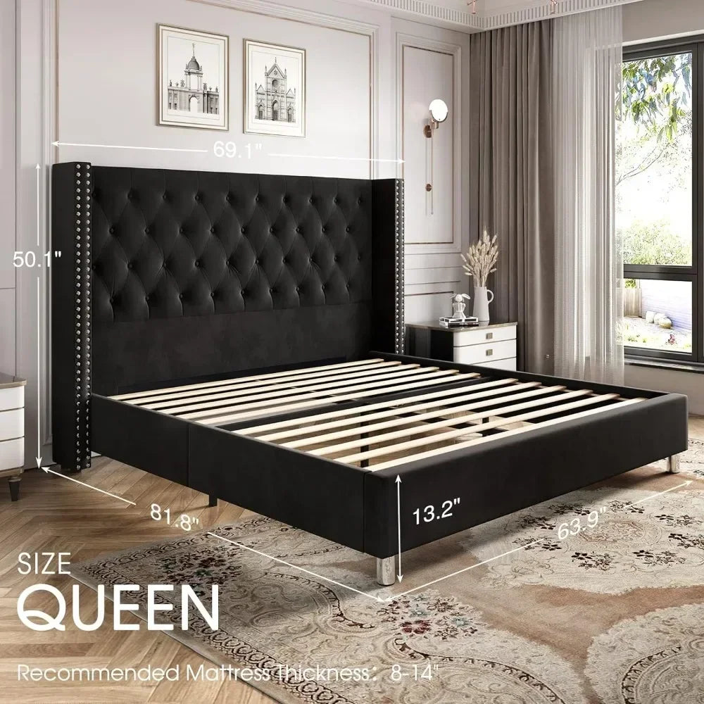 Bed Frame, Upholstered Beds Velvet Low Profile Platform Beds with Raised Wingback Headboard, Bed Frame