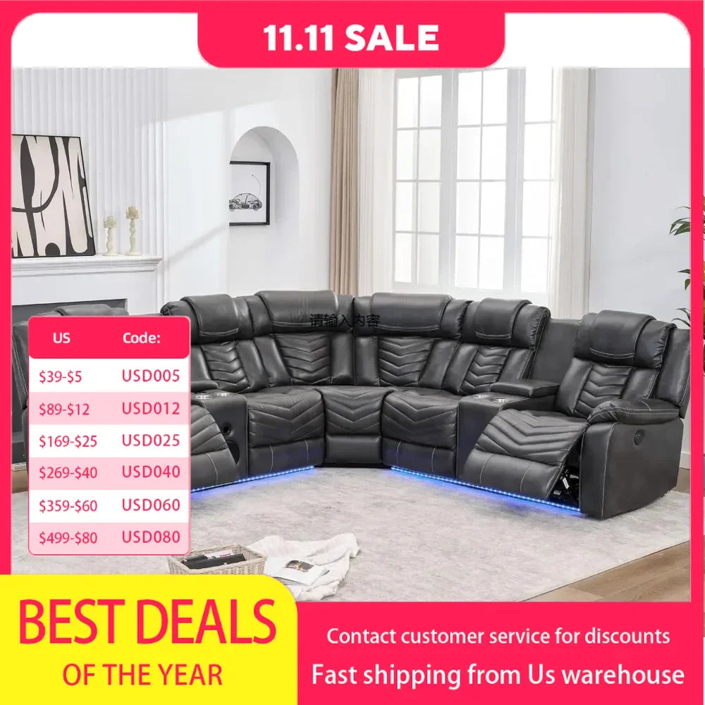 recliner，Power Reclining Sectional Couch with Bass Speaker Recliner Reclining Sectional Sofa with LED Light Faux Leather