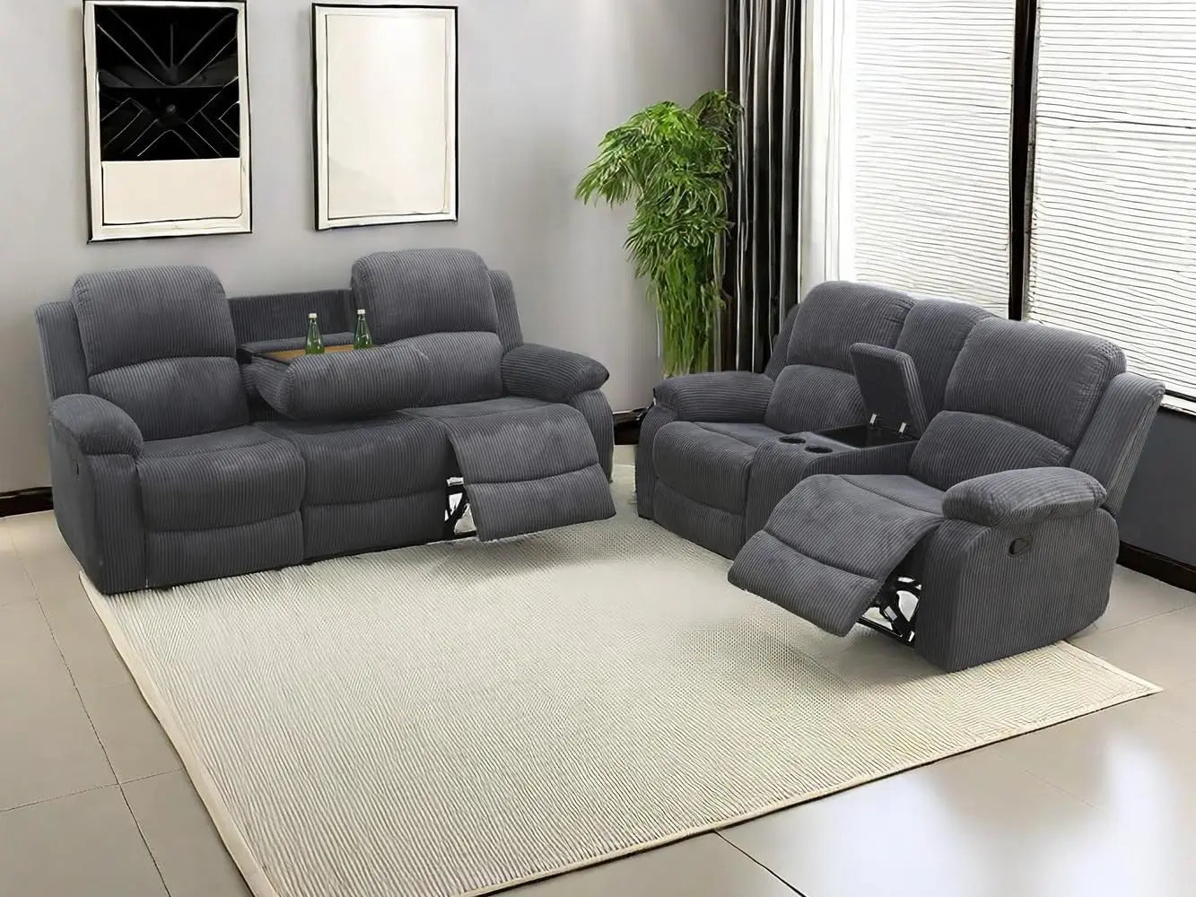 Sofa Set Living Room Furniture Reclining Couch Set with Cup Holders/Storage Console/Drop Down Table Fabric Recliner Sofa Set