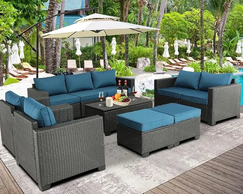 Qoutdoor PE wicker patio furniture rattan sectional loveseat couch set conversation sofa with storage box for balcony lawn a