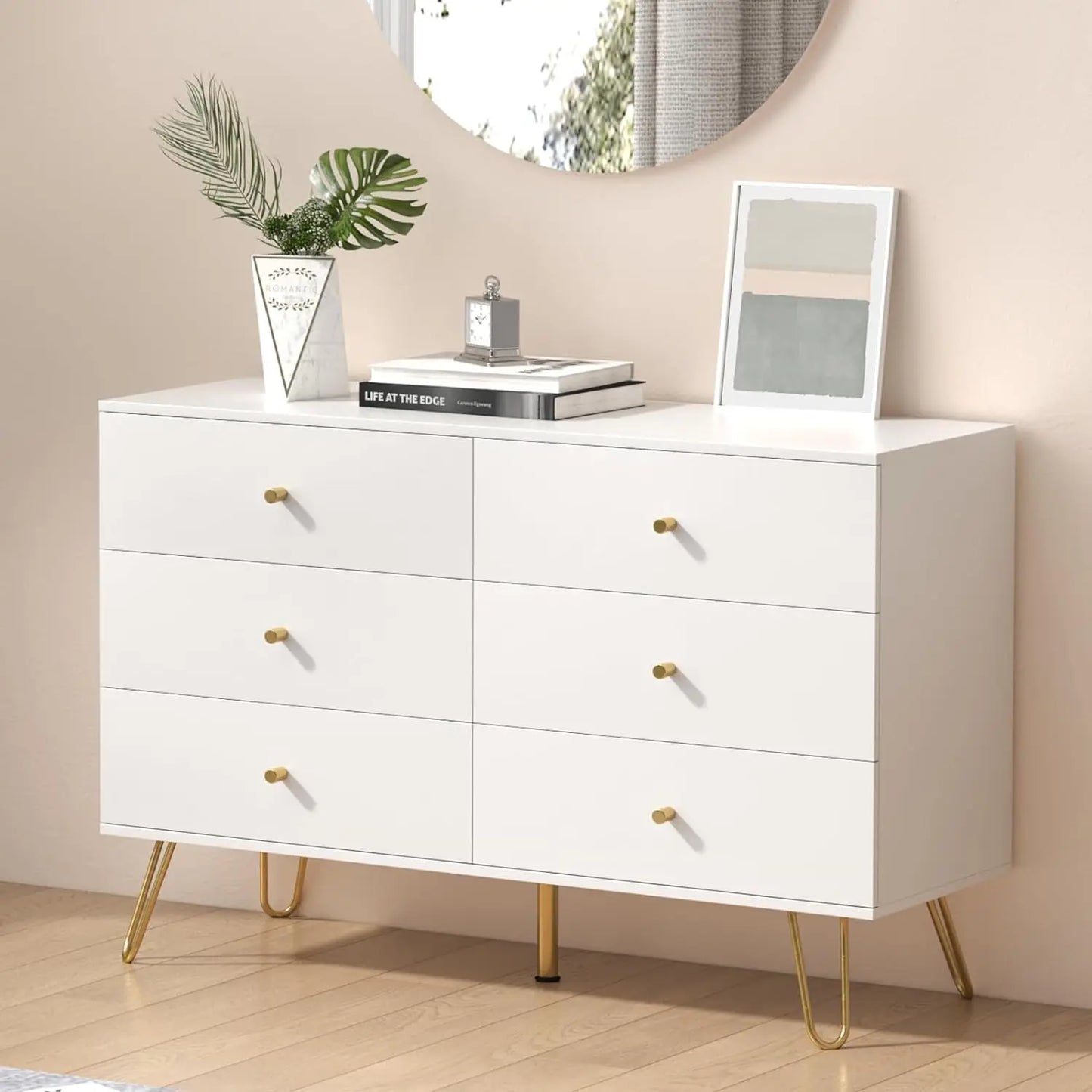 Dresser with 6 Drawers and Metal Handle,Sturdy Frame Modern Bedroom Furniture, Chest of Drawers, White Dressers with Drawers