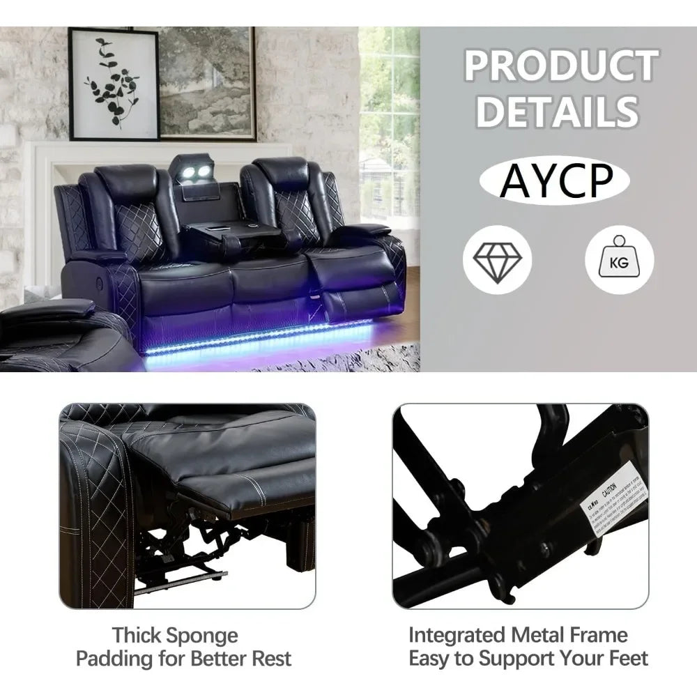 recliner，Multifunction Power Air Leather Recliner Sofa Set with LED Lights, Living Room Furniture, Reclining Sofa, loveseat,