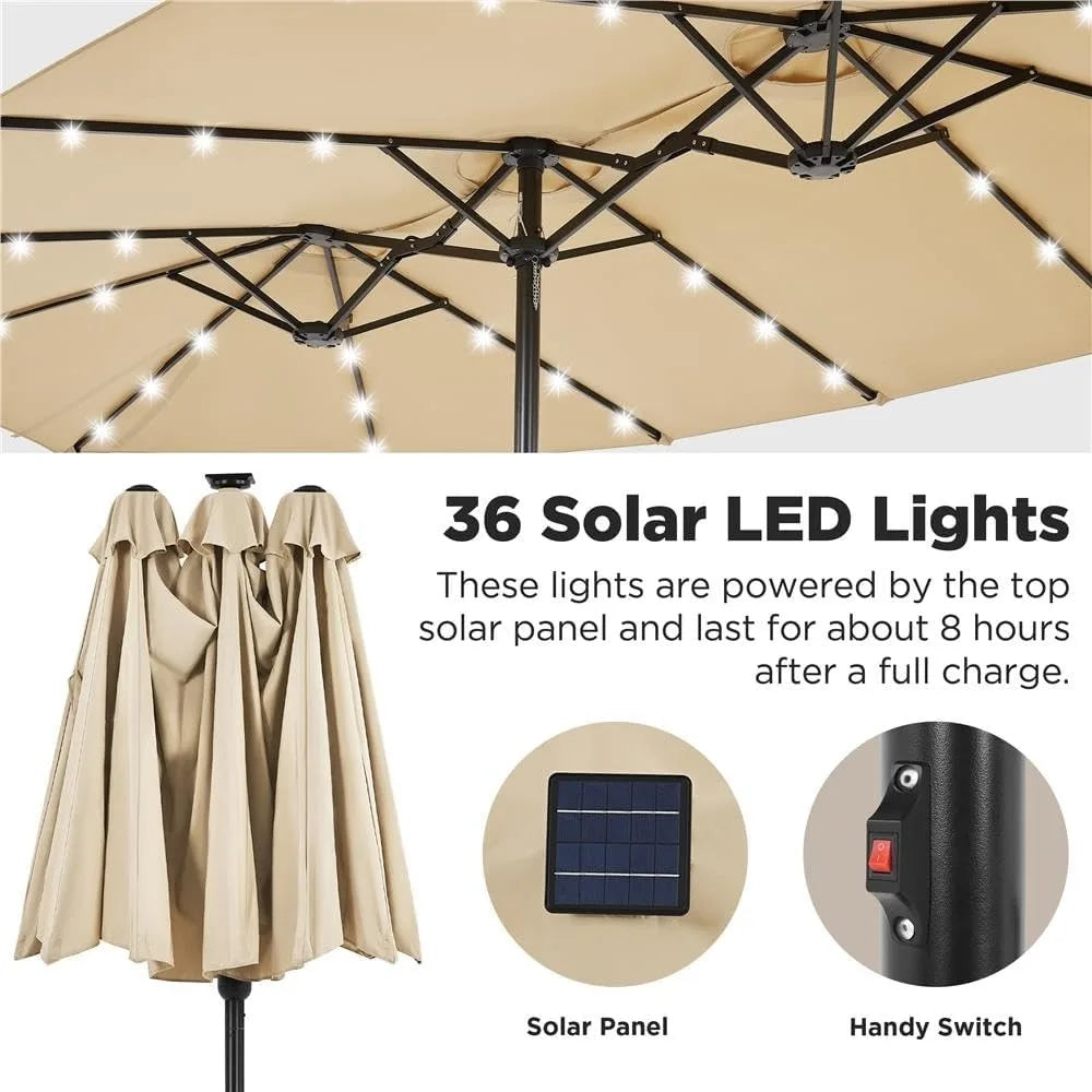 Grand parasol de terrasse avec 36 lumières LED/base incluse/manivelle pour patio, jardin, cour, piscine, 15 pieds