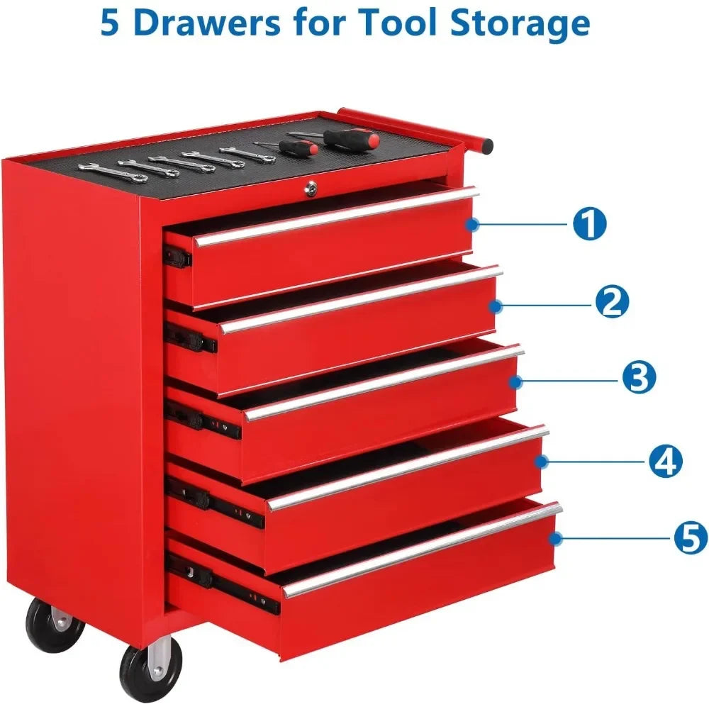 5-Drawer Rolling Tool Chest W/Lock & Key Tool Storage Cabinet with Wheels Top Cushion & Drawer Liners for Garage Warehouse