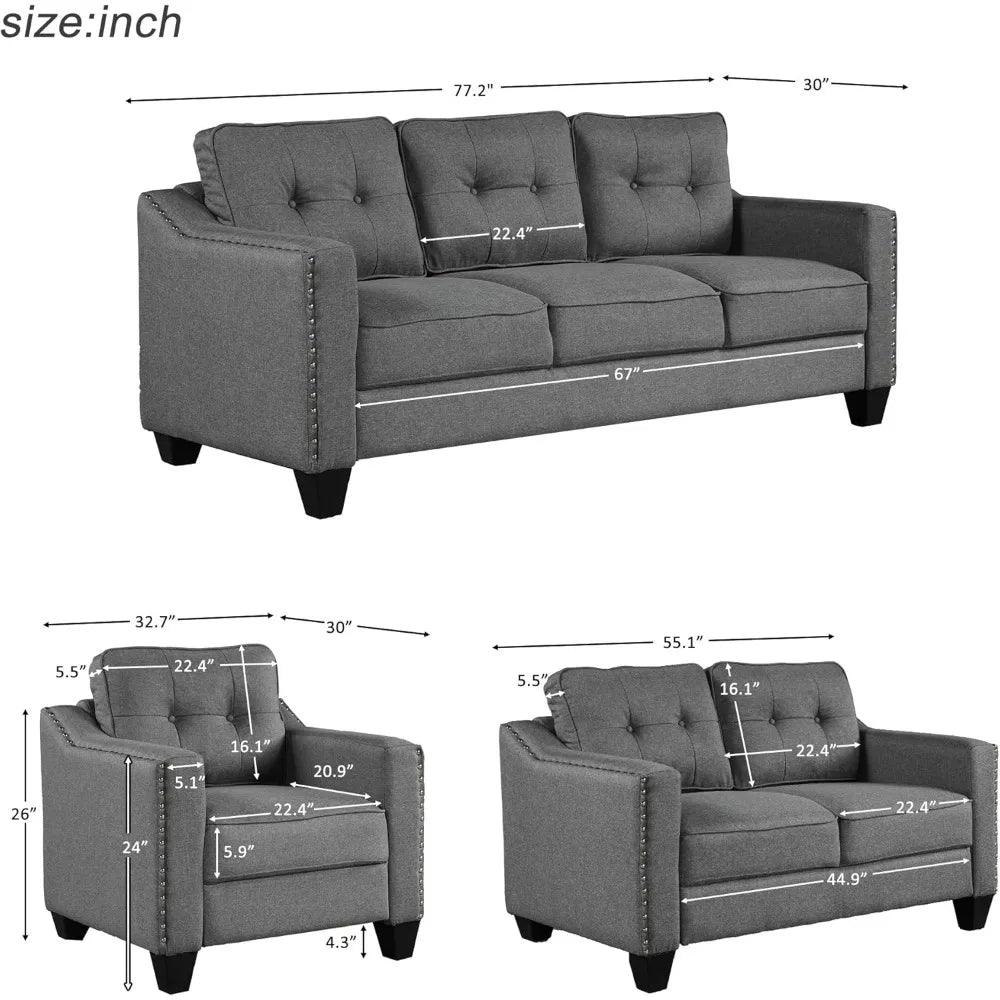 Juego de sofá seccional de 3 piezas, juego de muebles para sala de estar, sofá capitoné de estilo moderno con cojines capitoné incluidos