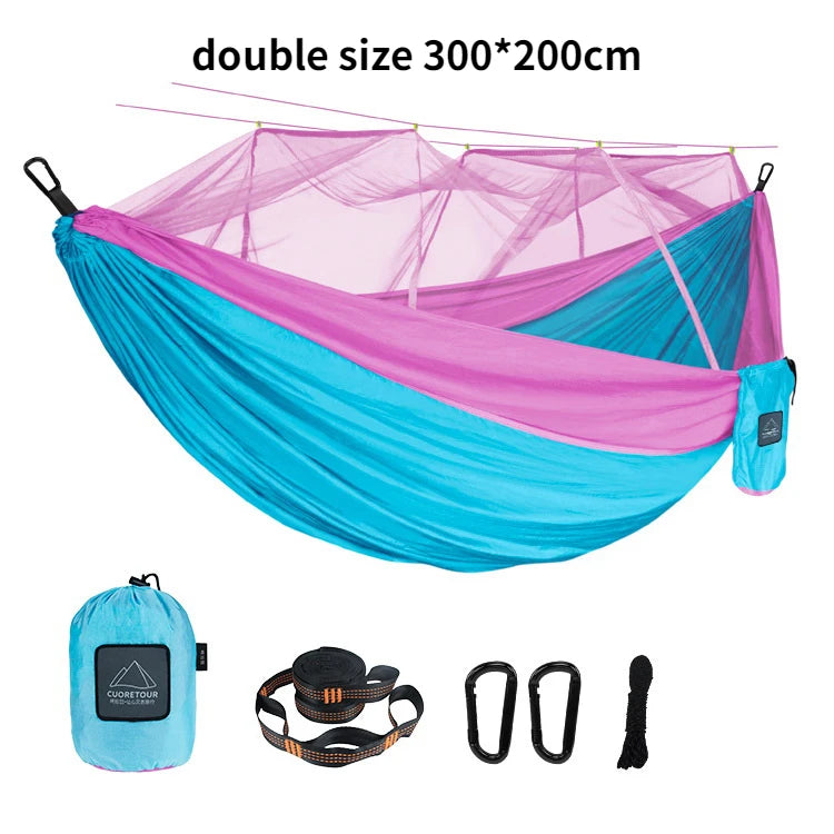 Single and Double Size Nylon Fabric Portable Travel Outdoor Camping Hanging Sleeping  Hammock with Mosquito Net