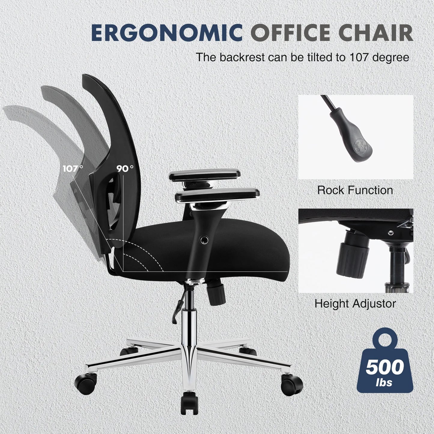 Chaise de bureau ergonomique avec dossier en maille et soutien lombaire JHK, hauteur réglable, accoudoir 3D, coussin en éponge confortable, chaises de jeu